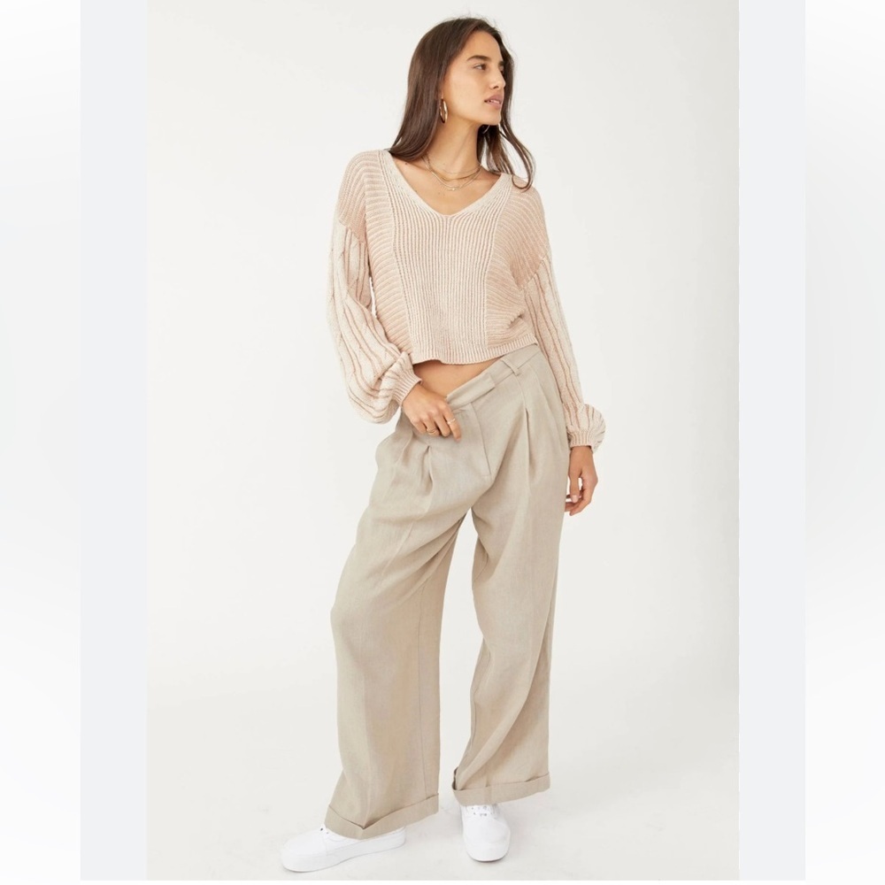 New Free People When It Rains V-Neck Knit Balloon Sleeves Sweater Size M Honey